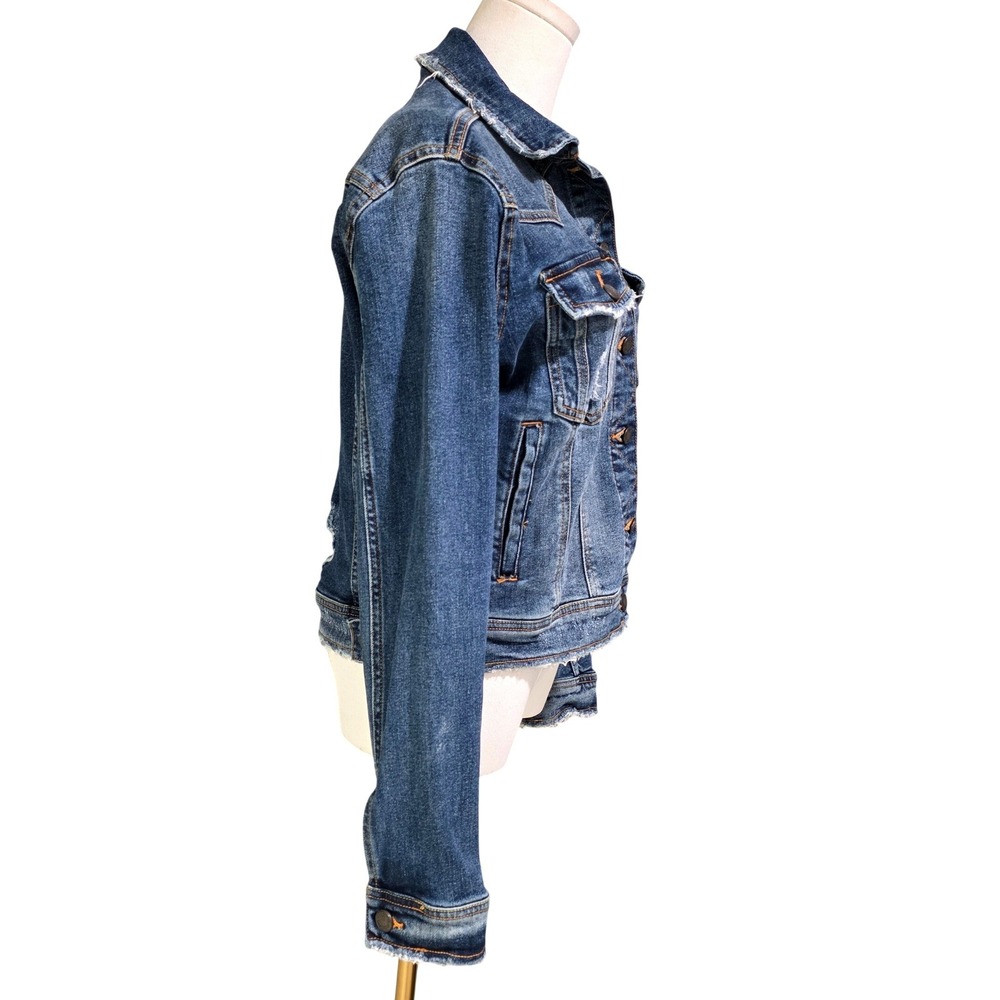 Zara Denim Jacket Womens L BlueDistressed Raw Hem Trucker - Picture 3 of 9